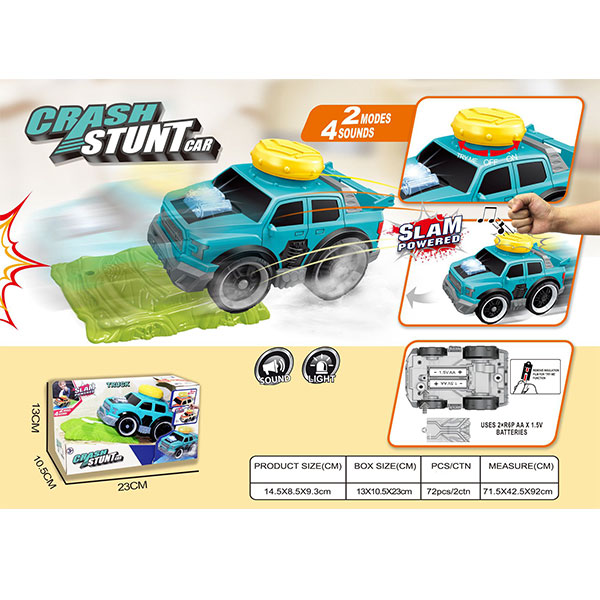 Electric crash stunt pickup truck with roadblocks