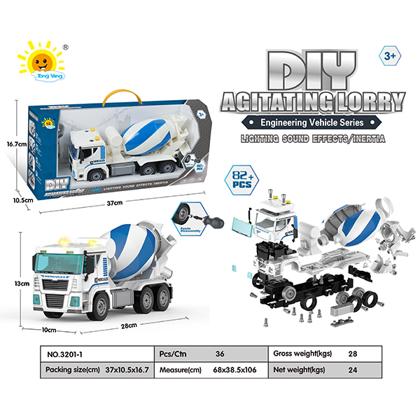 Sound and light inertial disassembly and assembly engineering truck (mixer truck 82PCS)