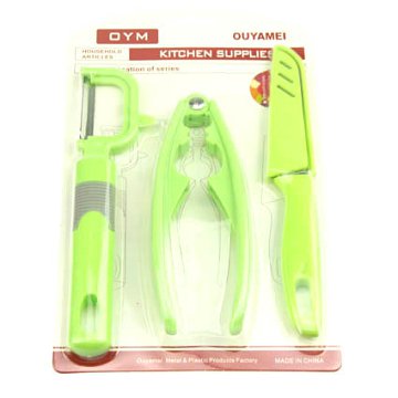 3-Piece Green Plastic  Kitchen Tool Set Peeler,Cracker,Knife