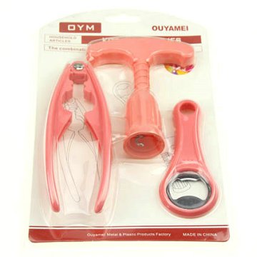 3-Piece Pink Plastic  Kitchen Tool Set Cracker,Peeler,corkscrew